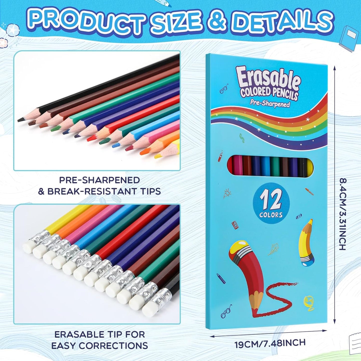 32 Sets 384 Pack Erasable Colored Pencils 12 Colors Pencils Smooth Colors with Erasers for Drawing Sketching Coloring Books Kids Adults Beginners Artists School Coloring Supplies