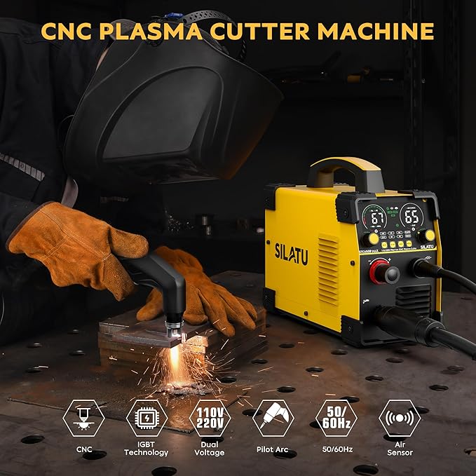 SILATU Plasma Cutter, 65Amps Non-HF Blowback Pilot Arc CNC Plasma Cutter Machine, 110/220V Dual Voltage Large LED Display Air Sensor Technology, 3/5'' Clean Cut 1'' Max Cut, PT/2T/4T for Beginners DIY