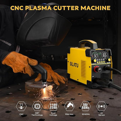 SILATU Plasma Cutter, 65Amps Non-HF Blowback Pilot Arc CNC Plasma Cutter Machine, 110/220V Dual Voltage Large LED Display Air Sensor Technology, 3/5'' Clean Cut 1'' Max Cut, PT/2T/4T for Beginners DIY