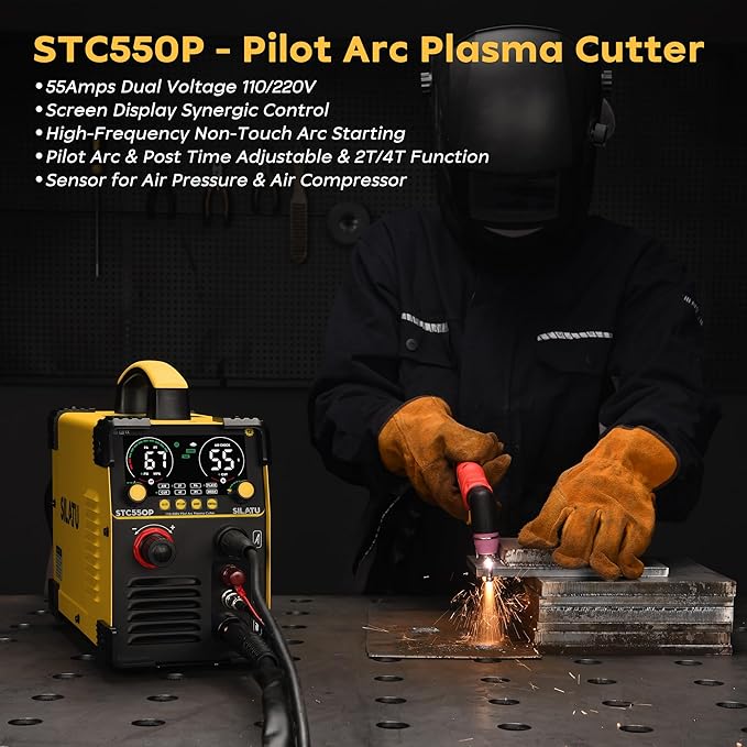 SILATU 55Amps Plasma Cutter, STC550P HF Non-Touch Pilot Arc Plasma Cutter Machine, 110/220V Dual Voltage LED Display Air Sensor Technology, 1/2'' Clean Cut 3/5'' Max Cut, PT/2T/4T for Beginners DIY