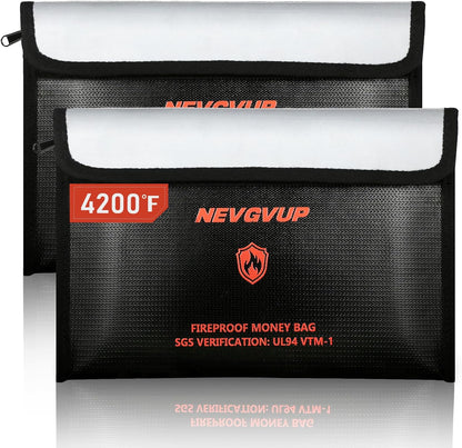 4200°F Fireproof Money Bag - Upgraded Heat Insulated, 9.8 x 6.5" Small Fireproof Document Bags with Waterproof Zipper, fire Water Proof Safe Pouch Set for Valuables, Fireproof Edging, Fire Bag 2packs