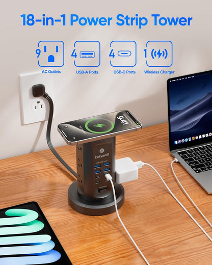 Power Strip Tower, kakyanill Surge Protector Tower 10 AC Outlets 8 USB (4 USB C), 6 Ft Retractable Extension Cord, Charging Station for Office Dorm Room, Black