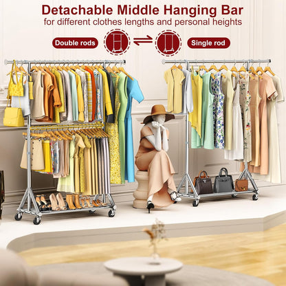 100% Stainless Steel Heavy Duty Clothes Rack Load 860LBS, Rolling Double Rods Clothing Racks for Hanging Clothes, Adjustbale Garment Rack With Sturdy Wheels Shelf, Portable Closet Rack Free Standing