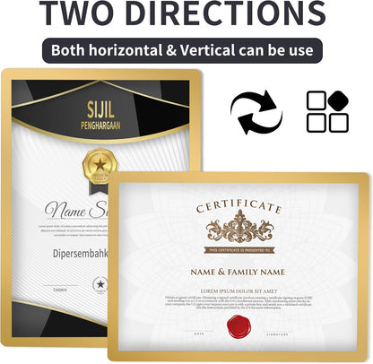 8.5x11 Wall Sign Holder Floating 3 Pack, Self-Adhesive Display Frame for Document/Poster/Paper Office/Store/Wall Mounted for Door/Window Display Holder with Horizontal and Vertical (Gold)