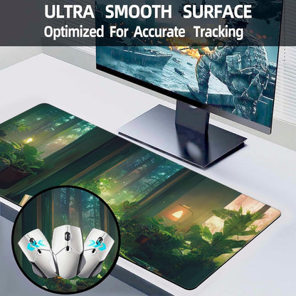 Desk Mat, Cute Lofi Green Extended Large Gaming Mouse Pad XXL, Non-Slip Rubber Base Stitched Edges Waterproof Long Computer Keyboard Desk Pad Mouse Mat for Home Office Gaming 35.4"X15.7"