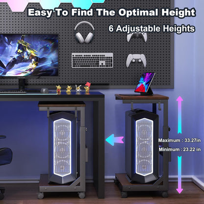 Height Adjustable Computer Tower Stand with Charge Station and USB Charging Port, 2-Tier ATX-Case Cart, Under Desk Mobile PC Stand, CPU Holder Cart with Locking Caster Wheels for Fits Most PC