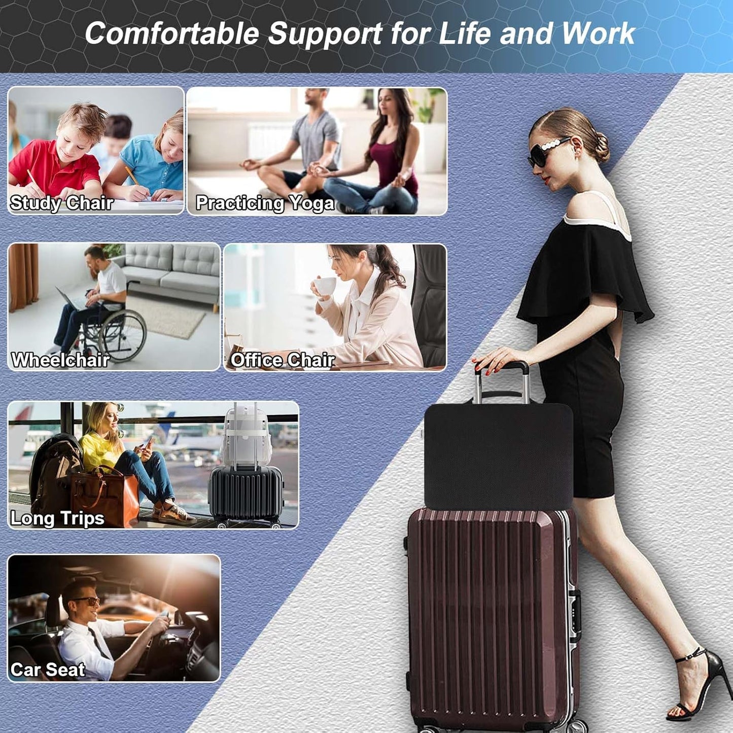 Seat Cushion, Gel Seat Cushion for Long Sitting– Back, Sciatica, Tailbone Pain Relief Pad, 19in Seat Pad for Car, Office Chair, Wheelchair, Soft Support for Long Trips