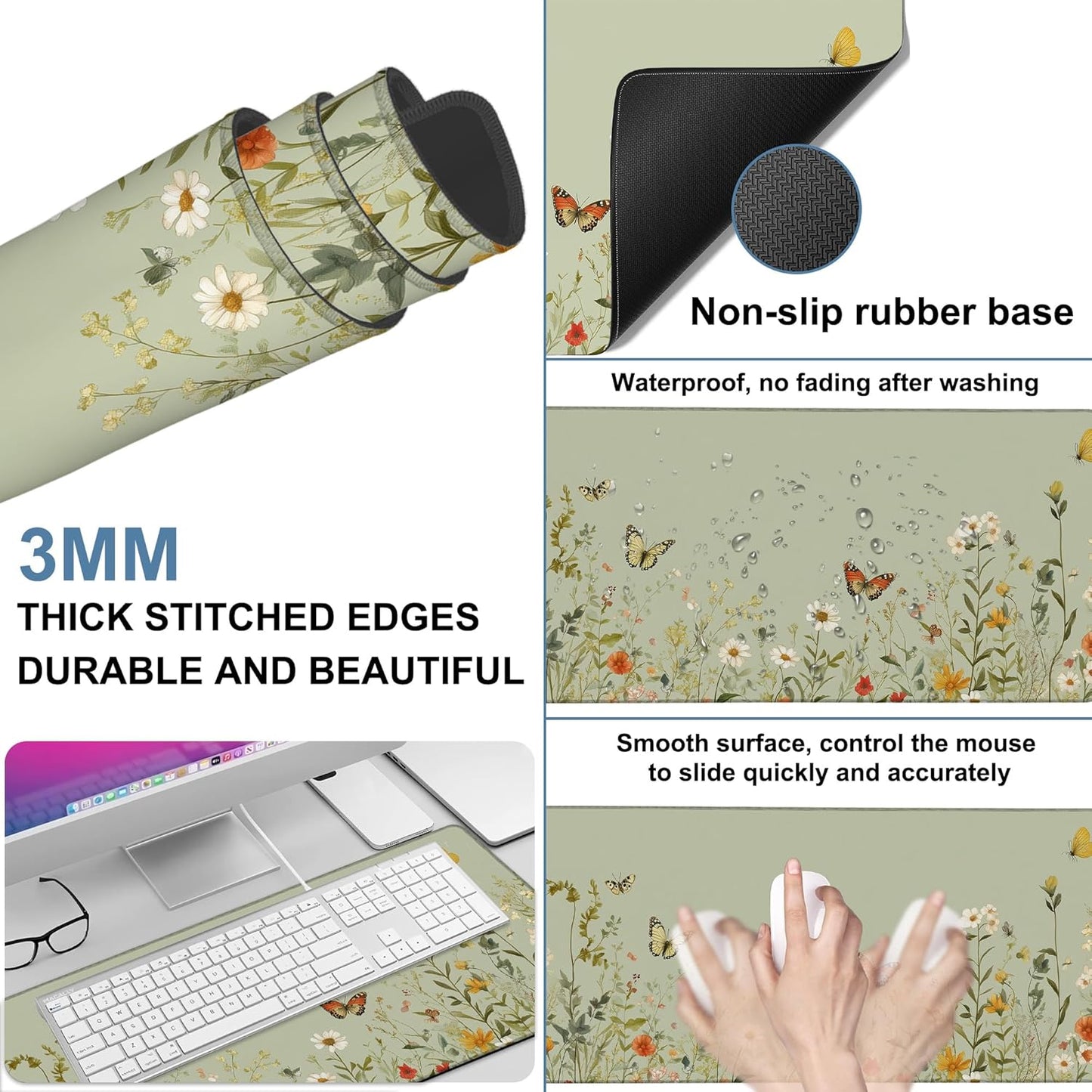 Large Mouse Pad Wildflowers Gaming Desk Pad Computer Keyboard Non-Slip Waterproof Mouse Mat with Rubber Base and Stitched Edges Entertainment Office Writing Desk Mat 35.4 x 15.7 Inches