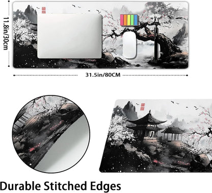 Black Whtie Japanese Gaming Mouse Pad XL Anime Sakura Cherry Blossom Tree Extended Large Mat Mousepad Desk Pad Non-Slip Rubber Base Stitched Edge Long Keyboard Pad for Computer,31.5×11.8 Inch