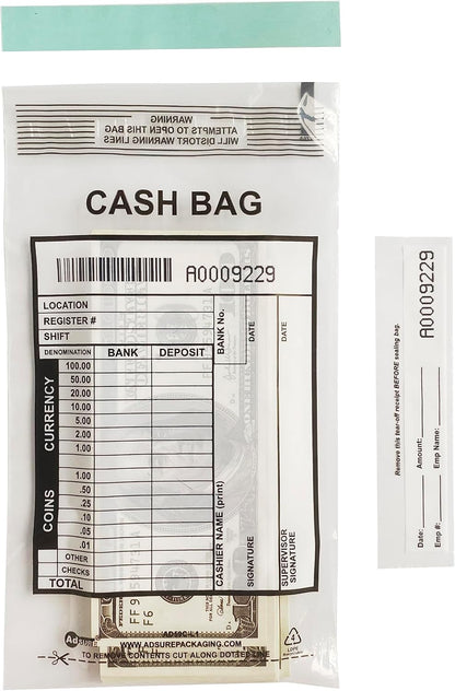 Clear Plastic Small Bank Deposit Bags For Cash | Pack of 1000 | 5"x9"|Tamper Evident Bags | Write-On Panel and Tear-Off Receipt | Ideal for Cash Handling