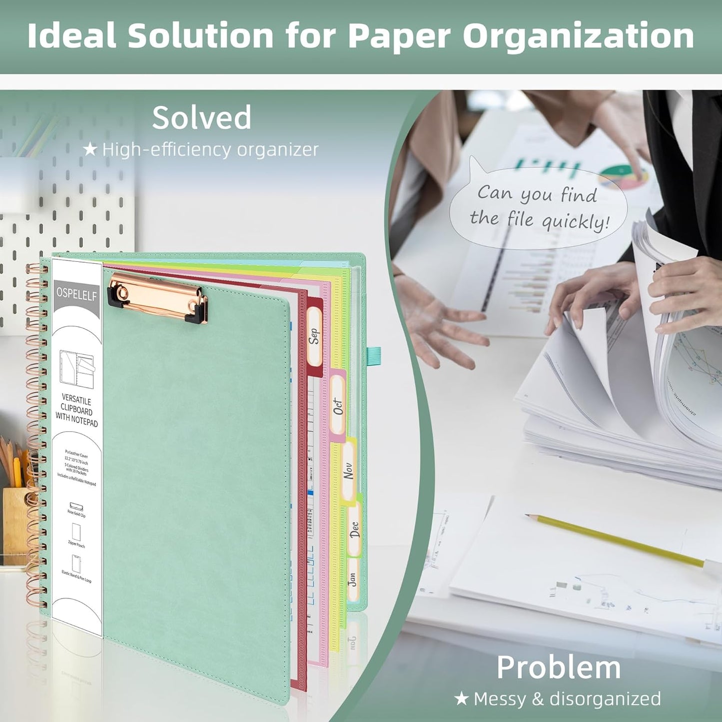 Ospelelf Leather Clipboard Folders with with Storage Zipper Pouch, Spiral Clipboard Folio with Notepad for Letter Size, 5 Folders with 10 Pockets, 39 Divider Label Stickers (Light Green)