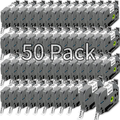 50x Replace for Brother 12mm 0.47 Laminated White TZ Tape, P Touch Label Tape Compatible with Brother Label Maker PTouch PTH210 PTD220 PTH110 PT-1280 PT-1880, Black on White, 1/2 Inch x 26.2 Feet