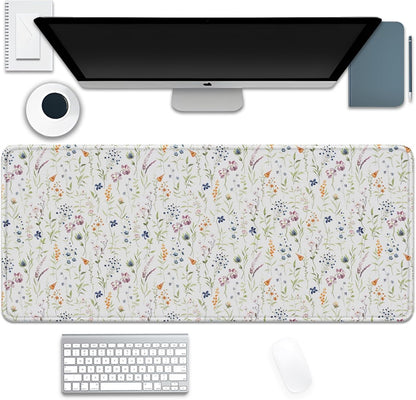 Wildflowers Flowers Mouse Pad,Large White Floral Mousepad Desk Pad with Stitched Edges,Non-Slip Waterproof Rubber Base Mouse Mat for Office Computer Keyboard Laptop Home(27.5x11.8 in)