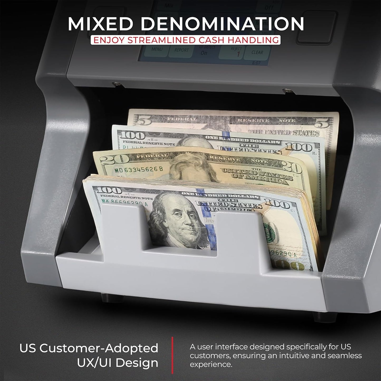 Cassida 8800R V2 USA Premium Bank-Grade Mixed Denomination Money Counter Machine, Advanced Counterfeit Detection, Multi-Currency, 3-Year Warranty, Includes External Display, Printing Enabled