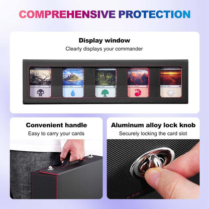 Trading Card Storage Box with Commander Display, 5 Row Magic Card Box with Handle & Aluminum Alloy Locking for 3900+ Unsleeved Cards Suits for MTG PTCG TCG Sports Cards (Black Red)