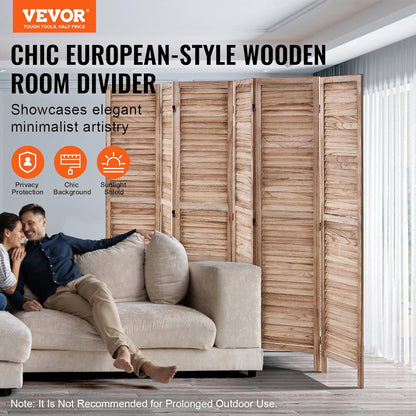 VEVOR Wood Room Divider, 6 Panel Wood Folding Privacy Screen, 66.9 Inches Tall Indoor Louvered Partition Divider, Portable Decoration Screen, for Room Separation, Home, Office, Restaurant & Bedroom