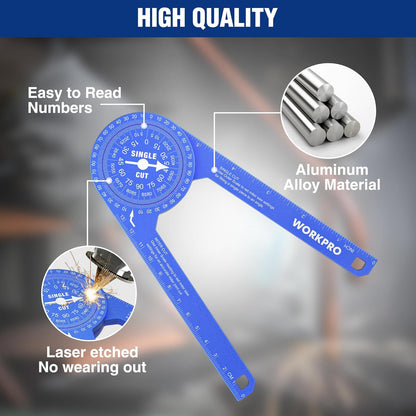WORKPRO Aluminum Miter Saw Protractor, 7.3 Inch Angle Finder Featuring Precision Laser Engraved Scales for Inside and Outside Corner, Carpenters, Plumbers and All Building Trades, 360° Rotation, Blue