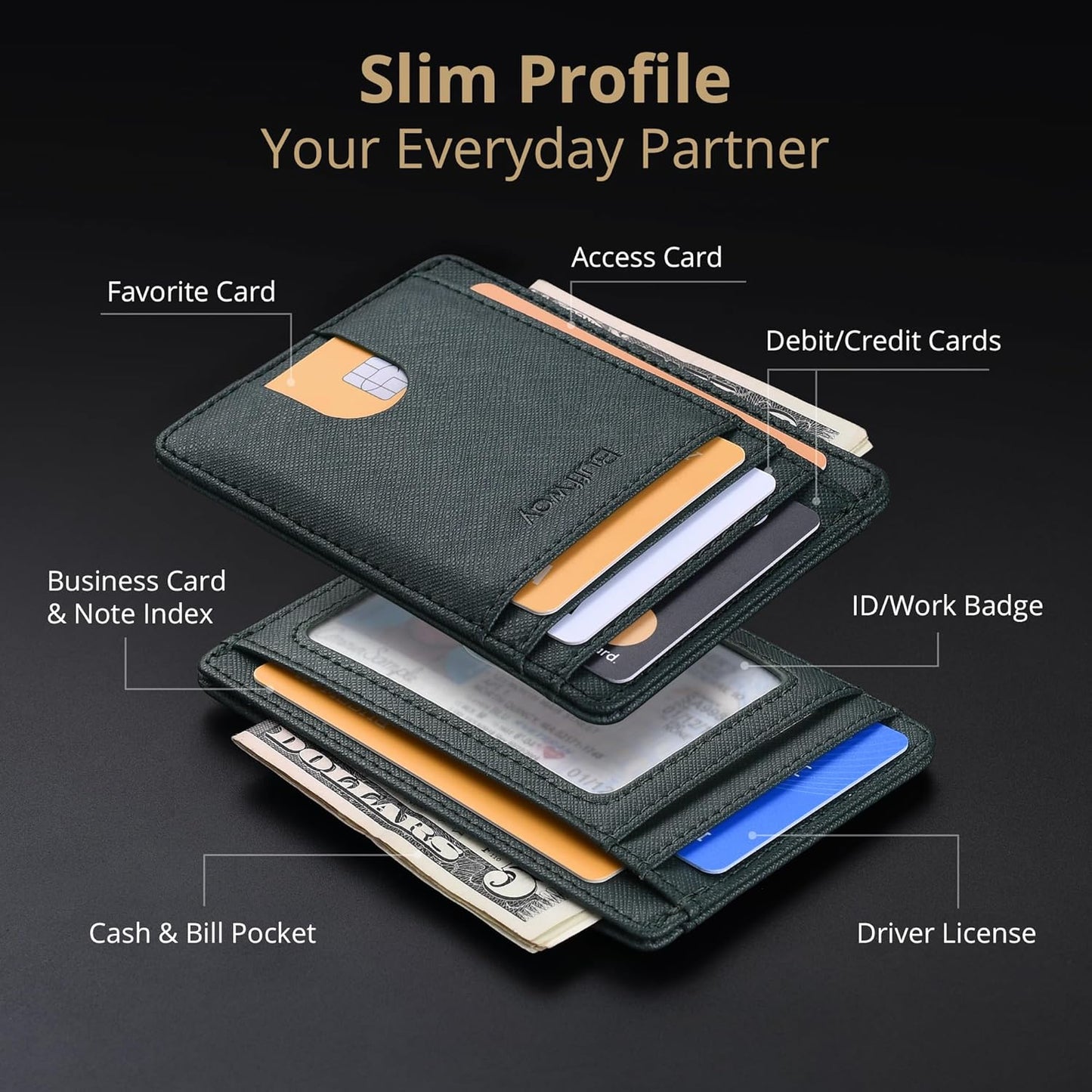 Buffway Slim Minimalist Front Pocket RFID Blocking Leather Wallets for Men and Women - Cross Blackish Green