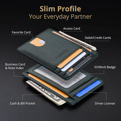 Buffway Slim Minimalist Front Pocket RFID Blocking Leather Wallets for Men and Women - Cross Blackish Green