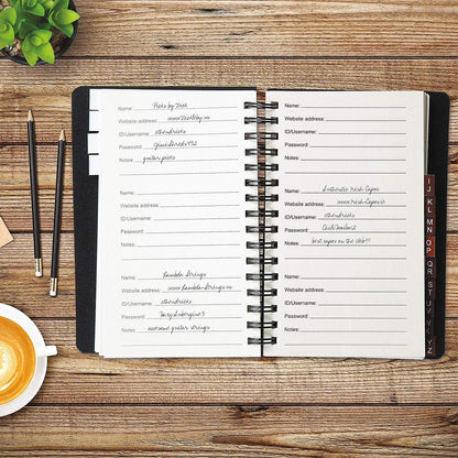 Current Black Password & PIN Keeper Book, 65 Pages, 4.5” x 5 ¾” Size Spiral Bound, Alphabetical Tabs, Plastic Cover Internet Organizer for Offline Website, Login, & Username Storage