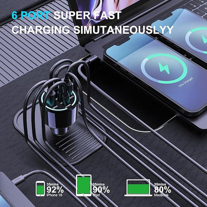 CHIPOFY 300W USB C Car Charger, 6 Ports (4 USB C + 2 USB A) - PD3.1 140W PPS 45W QC 60W Super Fast Charging Car Adapter for MacBook Laptop, iPhone 17 16 Pro Max, iPad, Galaxy S25/S24 Ultra etc