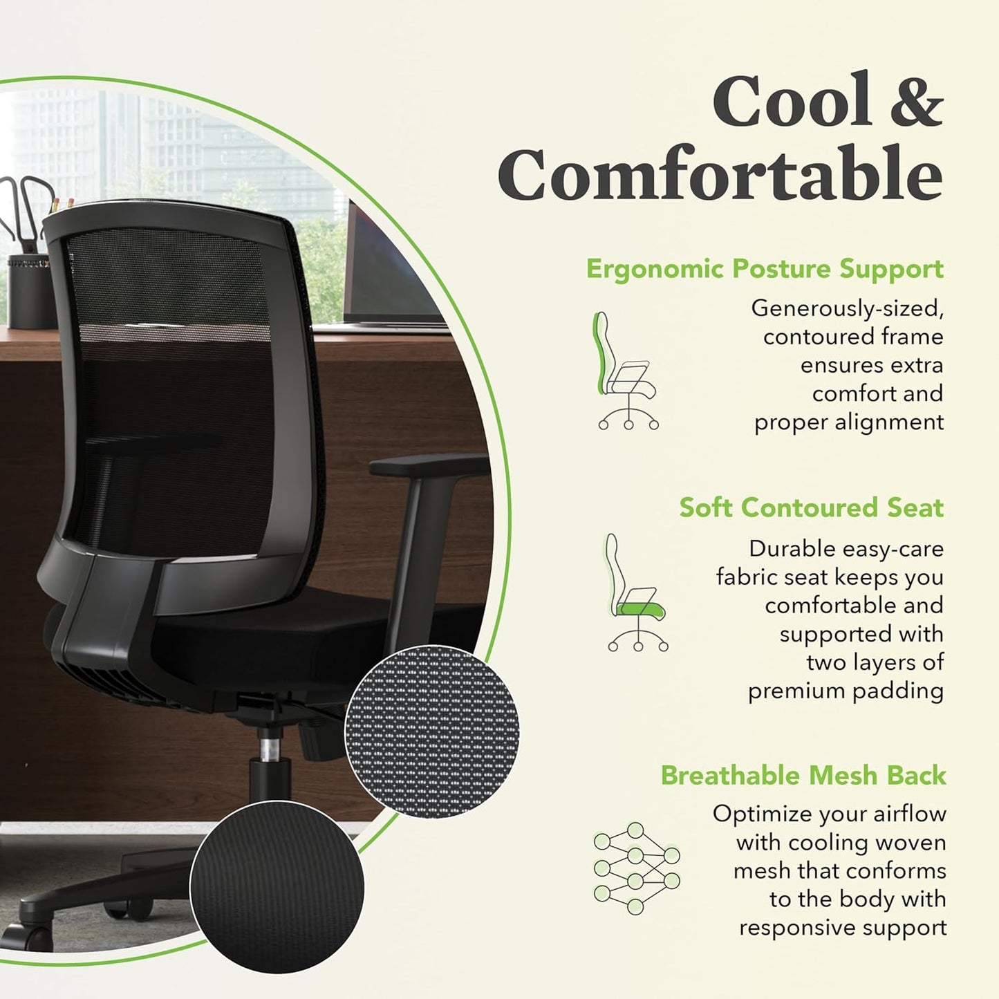 HON Torch Ergonomic Mid-Back Office Chair, Comfortable Fabric Seat Home Office Task Chair, Tilt-Tension Recline Control, 360 Rolling Swivel, Sculpted Fixed Arms