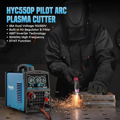 Plasma Cutter with Large LED Display, [Non-Touch Pilot Arc] [Air Sensor] hynade 55A Plasma Cutter Machine 110/220V Dual Voltage, IGBT Inverter, 1/2'' Clean Cut, 2T/4T for Beginners DIY(User Manual)