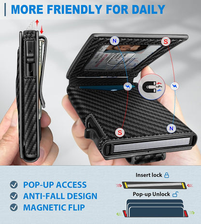 Airtag Wallet for Men,with Money Clip Gift Boxed,Slim Front Pocket Wallet RFID Blocking Metal Case Smart Pop-up Credit Card Holder in Magnetic Leather Flip