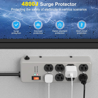HEZI 20A Power Strip Surge Protector Durable Metal 8-Outlet with Heavy Duty 20 Amp Extension Cord,12 Gauge for Garage,Workshop & Industrial Use with 6-20R T-Slot Outlets,4800J(Grey,6FT)
