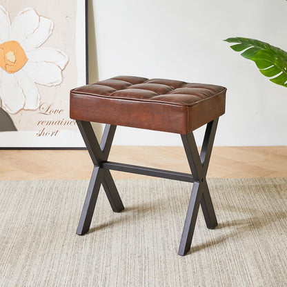IBUYKE Square Makeup Stool with X-Leg Foot Rest, PU Footrest, Ottoman Seat Vanity Stool, Multi-Use as Small Side Table, for Bedroom, Living Room, Dark Brown LG-71Z