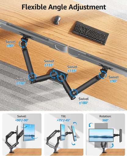 MOUNTUP Dual Monitor Mount Holds 4.4-26.5lbs, Heavy Duty Monitors Arm for 39 37 34 32 27inch, Gas Spring Monitor Stand for 2 Monitor, Height Adjustable Monitors Desk Mount with C-Clamp＆Grommet Base