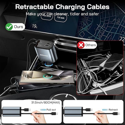 [2 Pack] Retractable Car Charger 4 in 1 Fast Car Phone Charger 69W, USB C Car Truck Accessories Adapter with 2X Retractable Phone Charger Cords and USB Port for i Phone 17/16/15/14,for Samsung S25/S24