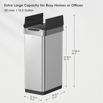EKO Phantom-T 50 Liter / 13.2 Gallon Vertical Motion Sensor Trash Can, Brushed Stainless Steel Finish
