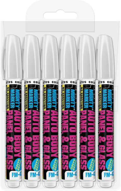 FM-43 Auto Body and Glass Paint Marker, No-Ghost, Highly Water-Resistant, 2.3mm Bullet Tip, Valve Action, 6 Bonus Reversible Tips, Made in USA - White 6 Pack