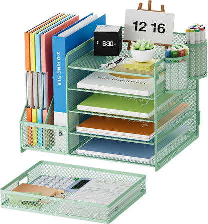 Marbrasse Desk Organizer with File Holder, 5-Tier Paper Letter Tray Organizer with Drawer and 2 Pen Holder, Mesh Desktop Organizer and Storage with Magazine Holder for Office Supplies (Green)