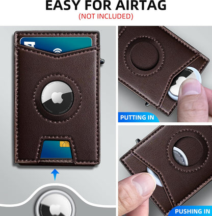 Airtag Wallet for Men,with Money Clip Gift Boxed,Slim Front Pocket Wallet RFID Blocking Metal Case Smart Pop-up Credit Card Holder in Magnetic Leather Flip
