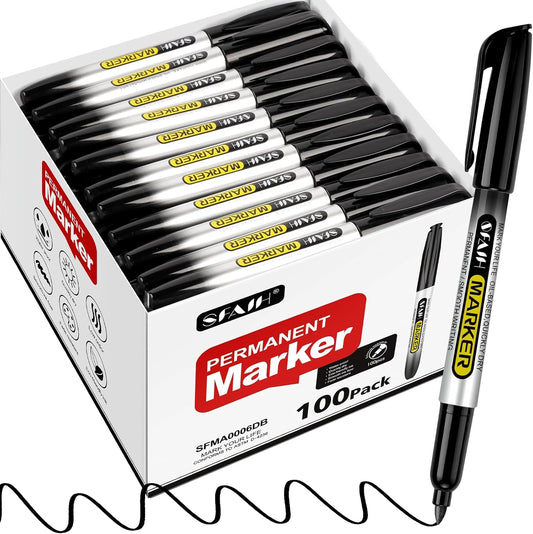 SFAIH 100 Black Permanent Markers Bulk -1s Quick Dry, Waterproof, Non-Fading, Durable, Fine Point Permanent Pens for Plastic Glass Metal Wood Paper, Office Supplies, Classroom Kitchen, Cargo Marking