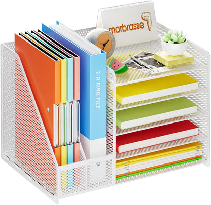 Marbrasse Desk Organizer with File Holder, 5-Tier Paper Letter Tray, Mesh Desk Organizers and Accessories with Magazine Holder, Desktop Organizer and Storage for Office Supplies (White)