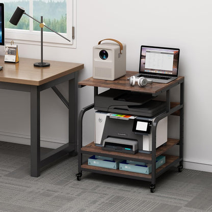 23.6" Deep Extra Large Printer Stand, 3 Tier Printer Table with Adjustable Storage Shelf, Rolling Printer Cart with Industrial Wheels for Home Office, Rustic Brown