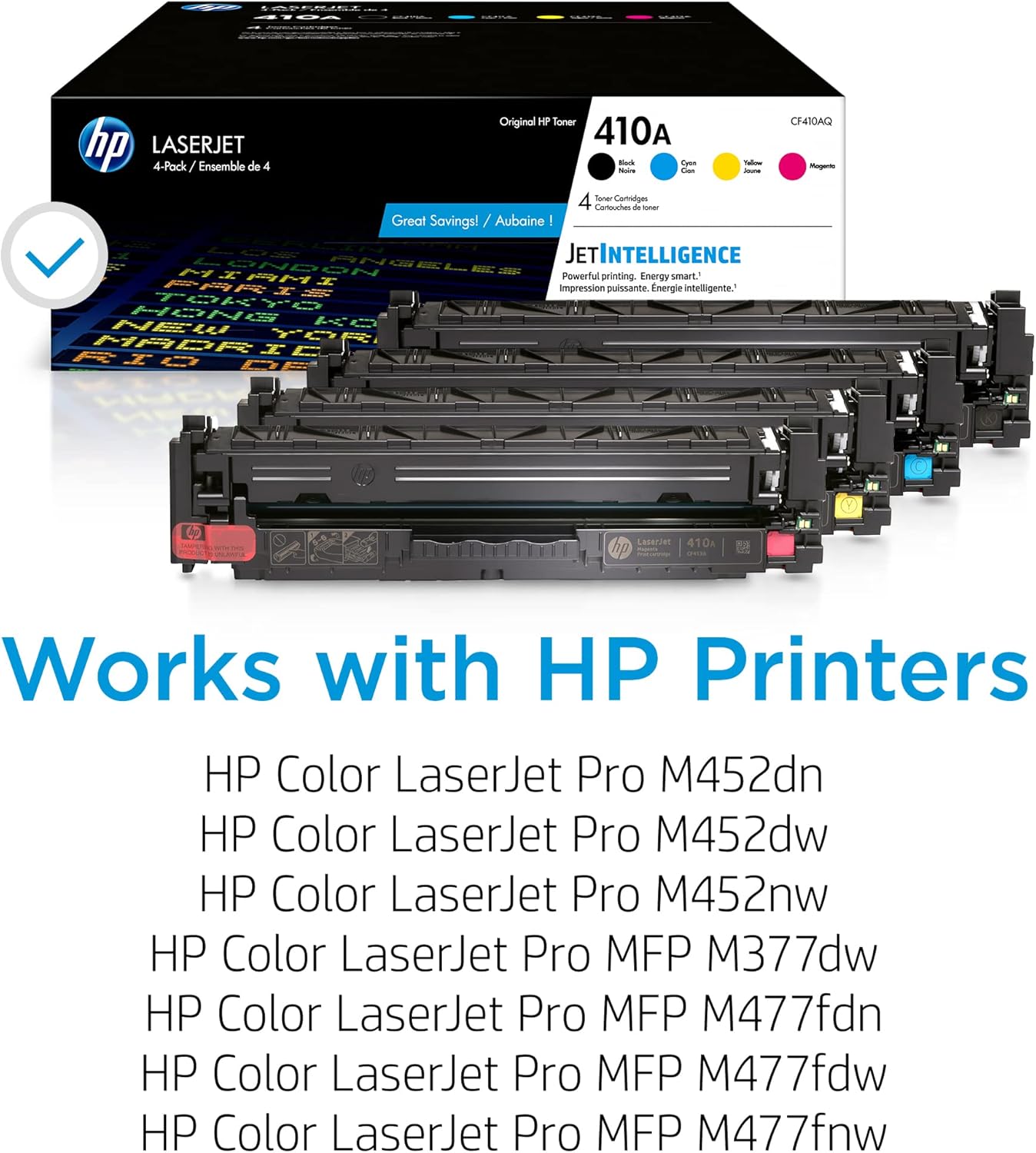 HP 410A Black, Cyan, Magenta, Yellow Toner Cartridges (4-pack) | Works with HP Color LaserJet Pro M452 Series, HP Color LaserJet Pro MFP M377, M477 Series | CF410AQ