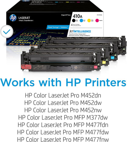 HP 410A Black, Cyan, Magenta, Yellow Toner Cartridges (4-pack) | Works with HP Color LaserJet Pro M452 Series, HP Color LaserJet Pro MFP M377, M477 Series | CF410AQ