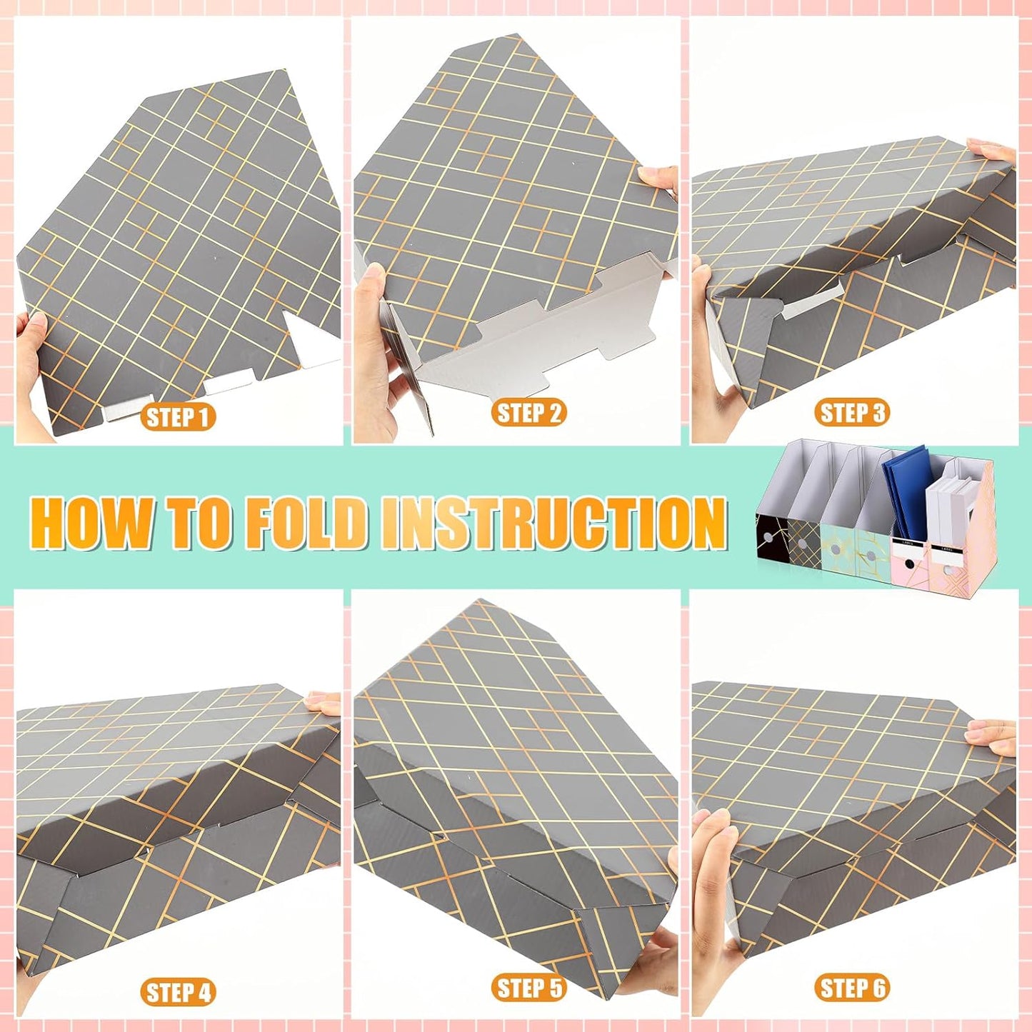 PerKoop 6 Pcs Magazine File Holder Foldable Decorative Cardboard File Folders 6 Patterns Floral Colored Magazine Rack with Printable Sticker Labels for School Office Home Desk (Geometric Lines)