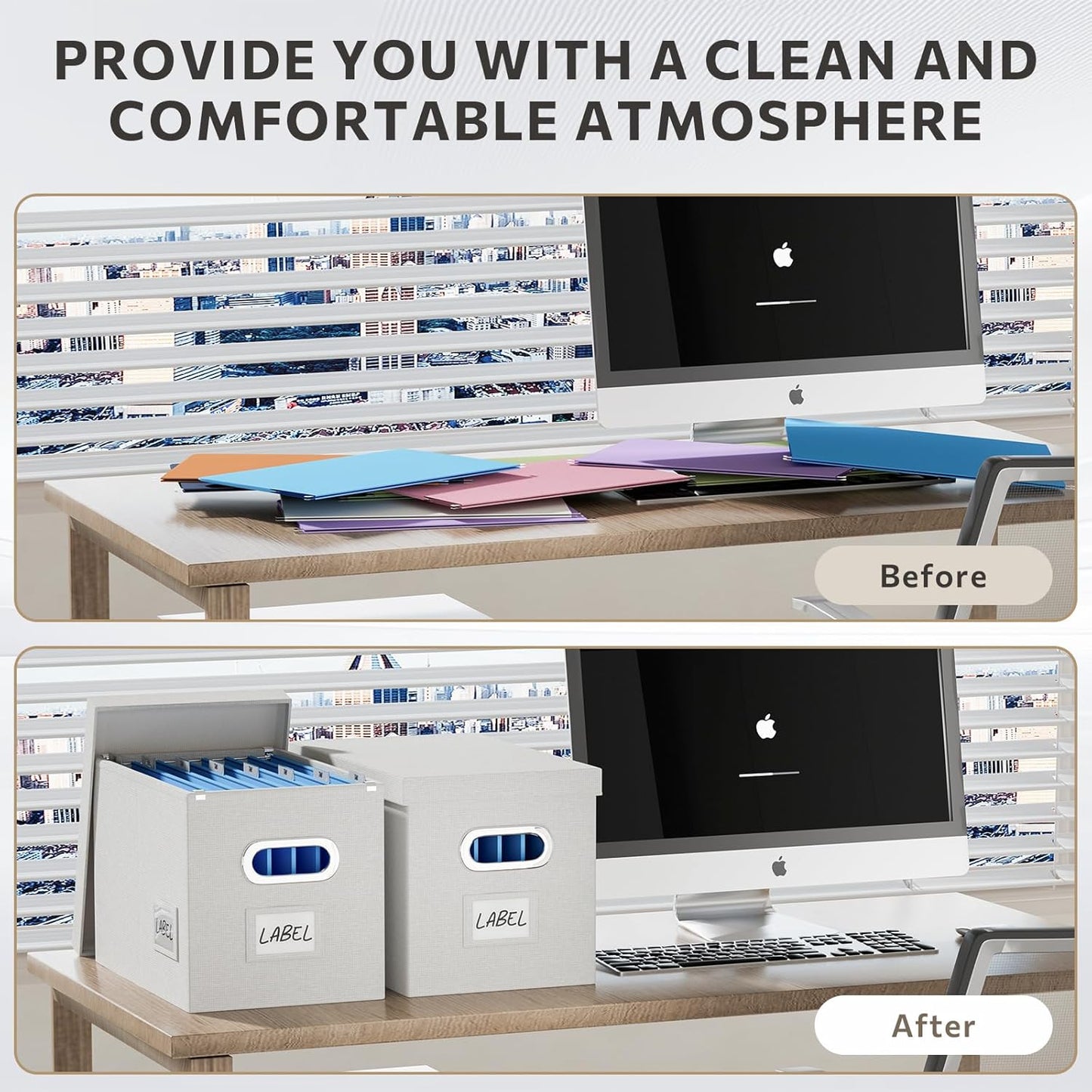 File Organizer Box with Lid - Set of 2 Portable Hanging File Box, Collapsible Linen Decorative Filing Storage Boxes for Office & Home File Cabinet (White 14 x 9.3 x 10.9 inch)