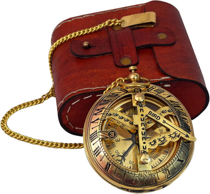 Vintage Brass Sundial Compass with Leather Case - Antique Brass & Copper Sun Clock for Camping, Hiking, Touring - Engraved Gift for Him - Nautical Ship Replica Watch - Sundial Clock in Box