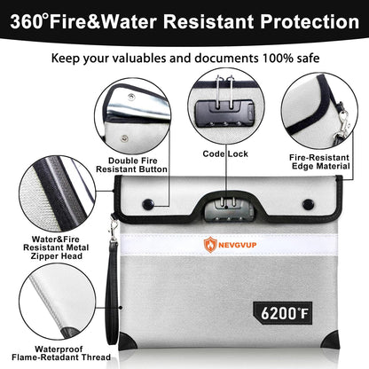 6200°F Fireproof Document Bag with Lock, Upgraded Fire proof Money Bag for Cash with Zipper/Reflective Strip, 9 Layer of Heat Insulated Material, Water Resistant Fireproof Bags for Documents,Safe Bags
