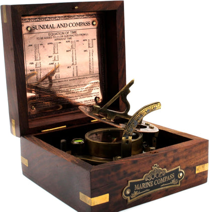 HanVintage Marine WEST London Antique 2.5" Brass Sundial Compass – Nautical Decor, Vintage Big Brass Triangle Sundial with Adjustable Screw Legs, Maritime Gift