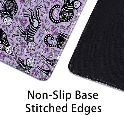 Gothic Cat Skeleton Flowers Mouse Pad,Extended Cat and Floral Mousepad Desk Pad with Stitched Edges,Non-Slip Waterproof Rubber Base Mouse Mat for Office Computer Keyboard Laptop Home(27.5x11.8 in)