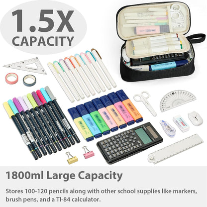 Pencil Case Pouch Box Bag School Supplies Girls Boys Kids, Cute Preppy Stuff Large Big Capacity Aesthetic Pen Organizer, Back to College Stationary, Coal Black, Standard Stlye, 1800ml