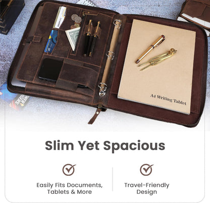 Premium Leather Portfolio Organizer with Zipper - Brown Business Padfolio with Card Slot, Document Holder, Pen Loops | Leather Padfolio with 3 Rings Binder Legal Pad Holder Podfolio for Men & Women