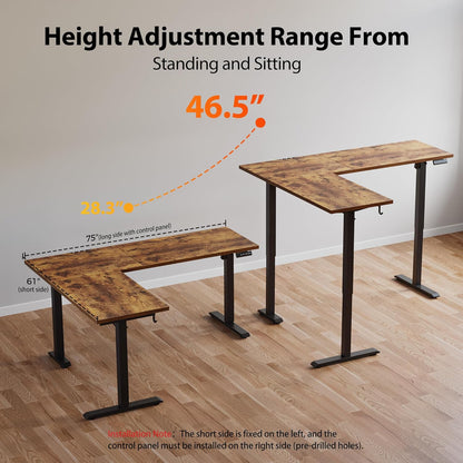 Agilestic L-Shaped Standing Desk Adjustable Height, Electric Corner Standing Desk, Sit Stand Up Desk, 75x61 inch Sit Stand Computer Table, Rustic Brown